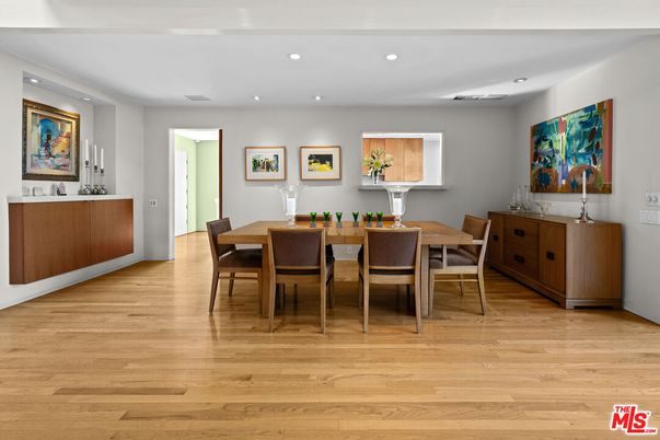 Dining room, Interior, Recessed Lighting, Wood Texture Flooring