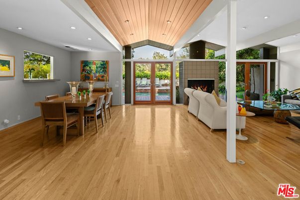 Dining room, Fireplace, Interior, Living room, Recessed Lighting, Wooden Ceilings, Wood Texture Flooring