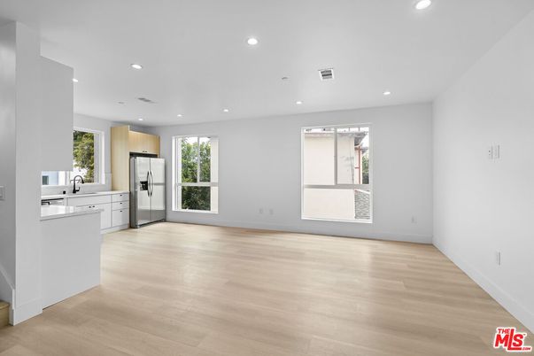 Empty room, Interior, Kitchen, Recessed Lighting, Wood Texture Flooring