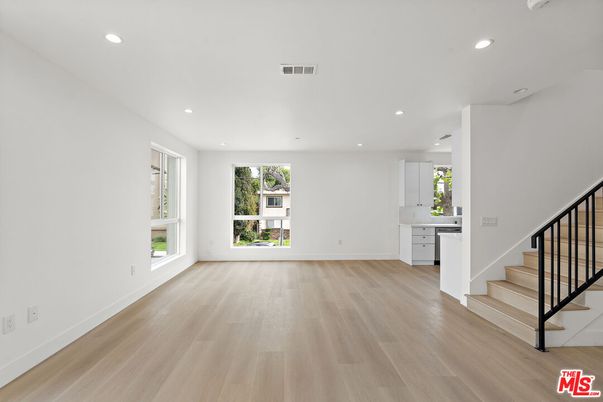Empty room, Interior, Kitchen, Recessed Lighting, Wood Texture Flooring