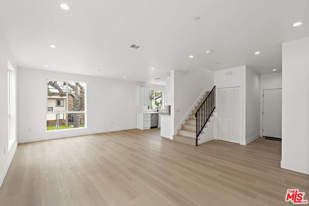 Empty room, Interior, Kitchen, Recessed Lighting, Wood Texture Flooring