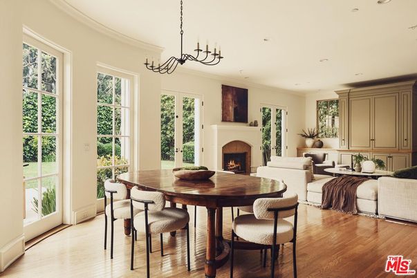 Chandelier, Dining room, Fireplace, Interior, Living room, Recessed Lighting, Wood Texture Flooring