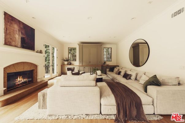 Bedroom, Fireplace, Interior, Living room, Recessed Lighting, Wood Texture Flooring