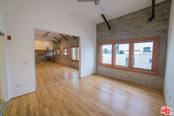 Empty room, Interior, Kitchen, Stainless Steel Appliances, Wood Texture Flooring