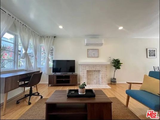 Fireplace, Home Office, Interior, Recessed Lighting, Wood Texture Flooring