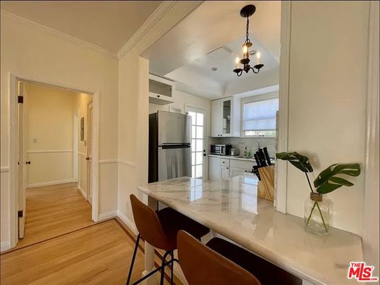 Chandelier, Interior, Kitchen, Pendant Lights, Stainless Steel Appliances, Wood Texture Flooring