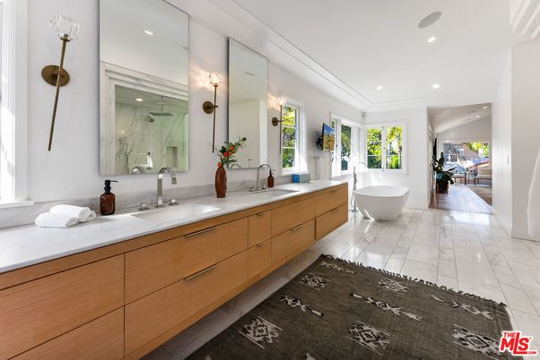 Bathroom, Dual Sink Vanities, Free Standing Baths, Interior, Marble, Marble Walls, Recessed Lighting
