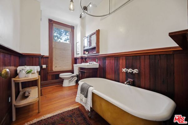 Bathroom, Free Standing Baths, Interior, Wood Texture Flooring, Wooden Walls