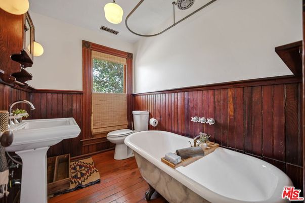 Bathroom, Free Standing Baths, Interior, Wood Texture Flooring, Wooden Walls