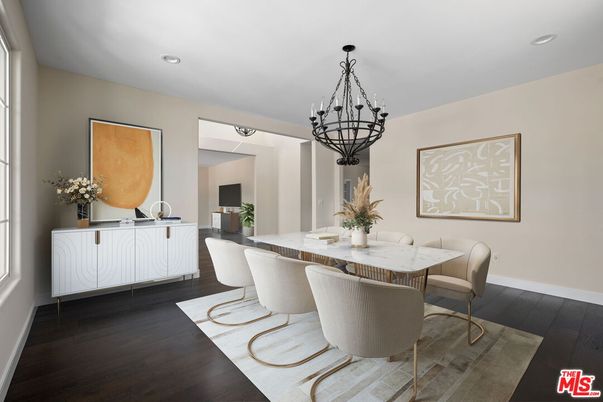 Chandelier, Dining room, Interior, Recessed Lighting, Wood Texture Flooring