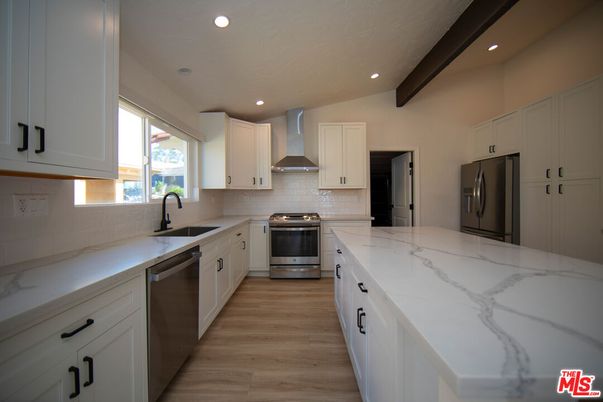 Interior, Kitchen, Recessed Lighting, Stainless Steel Appliances, Wooden Beams, Wood Texture Flooring