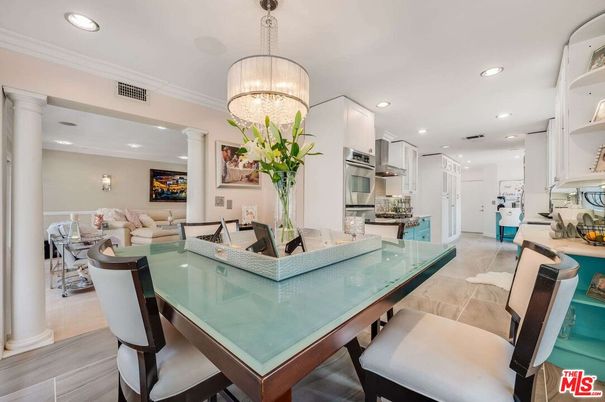 Chandelier, Dining room, Interior, Kitchen, Living room, Pendant Lights, Recessed Lighting, Stainless Steel Appliances