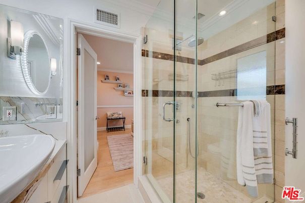 Bathroom, Glass Shower, Interior, Recessed Lighting, Wood Texture Flooring
