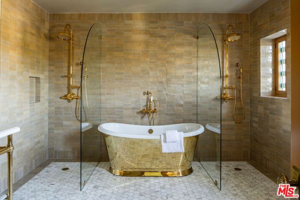 Bathroom, Free Standing Baths, Glass Shower, Interior, Stone Walls