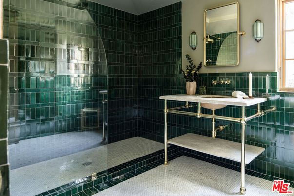 Bathroom, Fireplace, Glass Shower, Interior