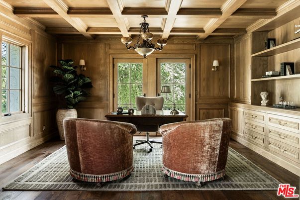 Chandelier, Home Office, Interior, Wooden Beams, Wooden Ceilings, Wood Texture Flooring, Wooden Walls