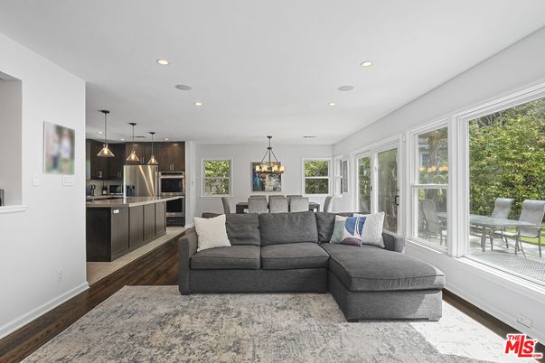 Dining room, Interior, Kitchen, Living room, Pendant Lights, Recessed Lighting, Stainless Steel Appliances, Wood Texture Flooring