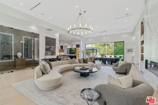 Chandelier, Dining room, Fireplace, Interior, Kitchen, Living room, Pendant Lights, Recessed Lighting, Wood Texture Flooring
