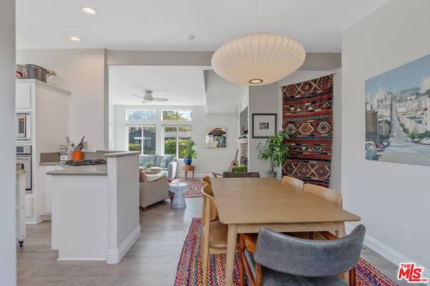Dining room, Interior, Living room, Pendant Lights, Recessed Lighting, Wood Texture Flooring
