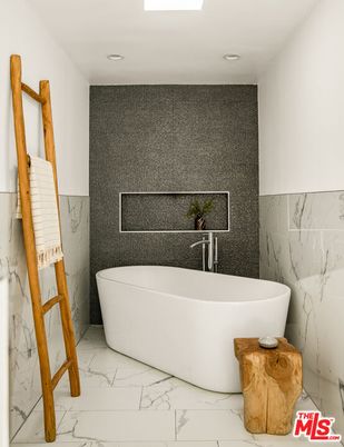 Bathroom, Free Standing Baths, Interior, Marble, Marble Walls, Recessed Lighting