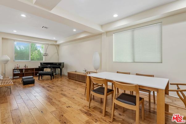 Dining room, Interior, Piano, Recessed Lighting, Wood Texture Flooring