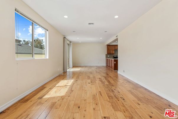 Empty room, Interior, Kitchen, Recessed Lighting, Wood Texture Flooring