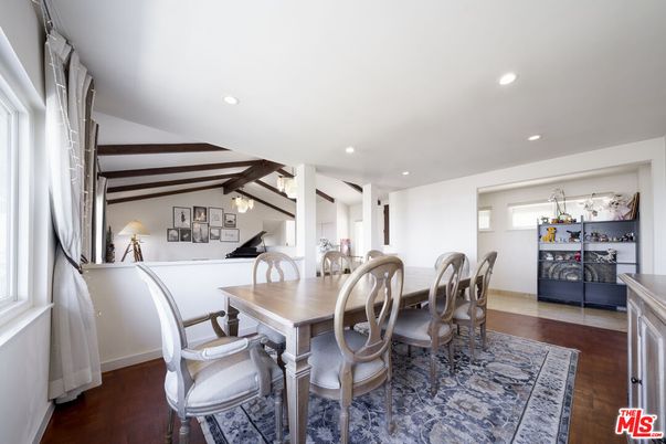 Dining room, Interior, Piano, Recessed Lighting, Wooden Beams, Wood Texture Flooring