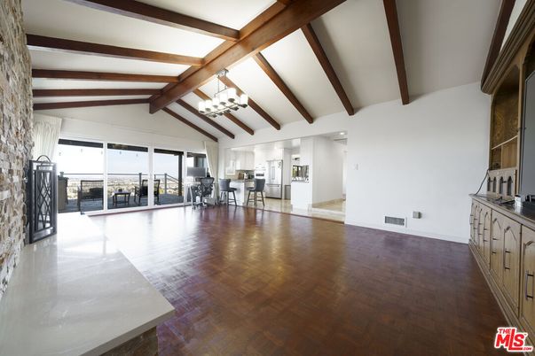 Chandelier, Dining room, Fireplace, Interior, Wooden Beams, Wood Texture Flooring
