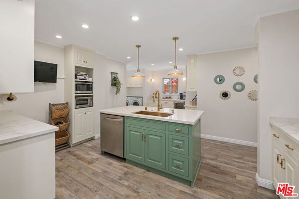 Interior, Kitchen, Pendant Lights, Recessed Lighting, Stainless Steel Appliances, Wood Texture Flooring