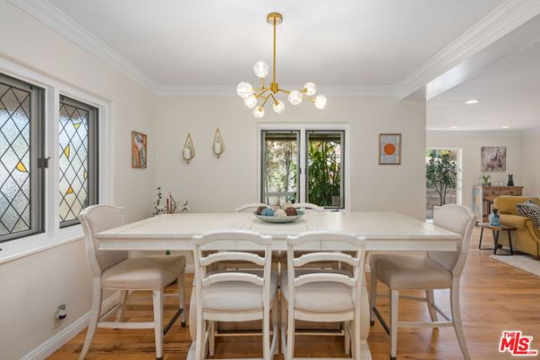 Dining room, Interior, Pendant Lights, Recessed Lighting, Wood Texture Flooring