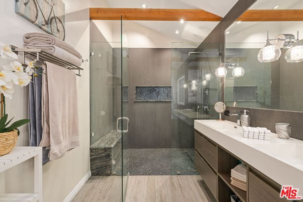 Bathroom, Glass Shower, Interior, Recessed Lighting, Wood Texture Flooring
