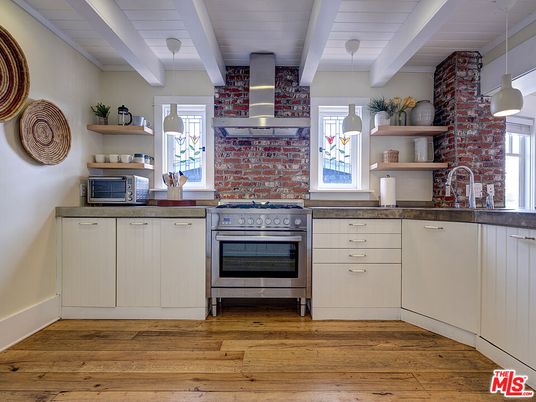 Interior, Kitchen, Stainless Steel Appliances, Stone Walls, Wood Texture Flooring