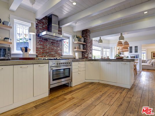 Interior, Kitchen, Pendant Lights, Recessed Lighting, Stainless Steel Appliances, Stone Walls, Wood Texture Flooring