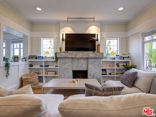 Fireplace, Interior, Living room, Recessed Lighting, Wood Texture Flooring