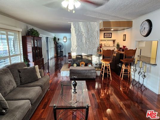 Dining room, Fireplace, Interior, Living room, Stone Walls, Wood Texture Flooring