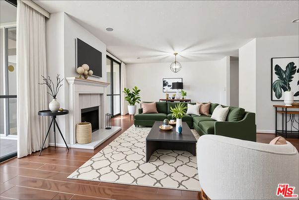 Fireplace, Interior, Living room, Pendant Lights, Recessed Lighting, Wood Texture Flooring