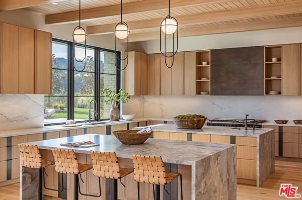 Interior, Kitchen, Marble Walls, Pendant Lights, Stainless Steel Appliances, Wooden Beams, Wooden Ceilings, Wood Texture Flooring