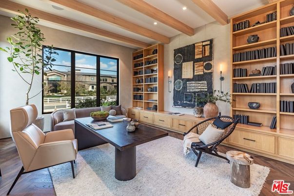 Home Office, Interior, Living room, Recessed Lighting, Wooden Beams, Wood Texture Flooring