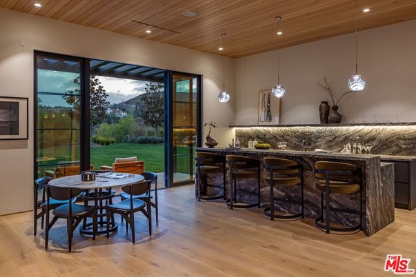 Dining room, Interior, Pendant Lights, Recessed Lighting, Wooden Ceilings, Wood Texture Flooring
