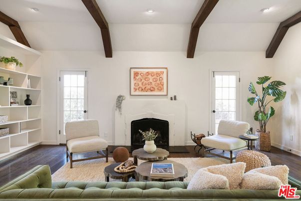 Fireplace, Interior, Living room, Recessed Lighting, Wooden Beams, Wood Texture Flooring