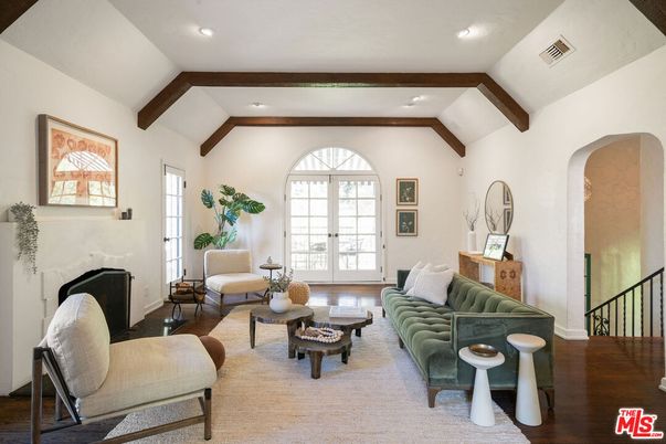 Fireplace, Interior, Living room, Recessed Lighting, Wooden Beams, Wood Texture Flooring
