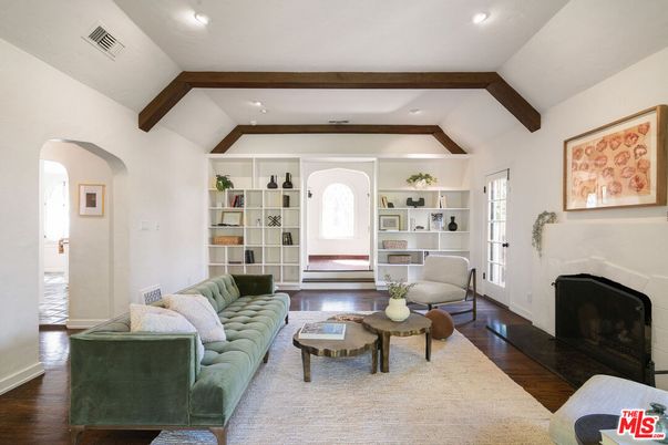 Fireplace, Interior, Living room, Recessed Lighting, Wooden Beams, Wood Texture Flooring