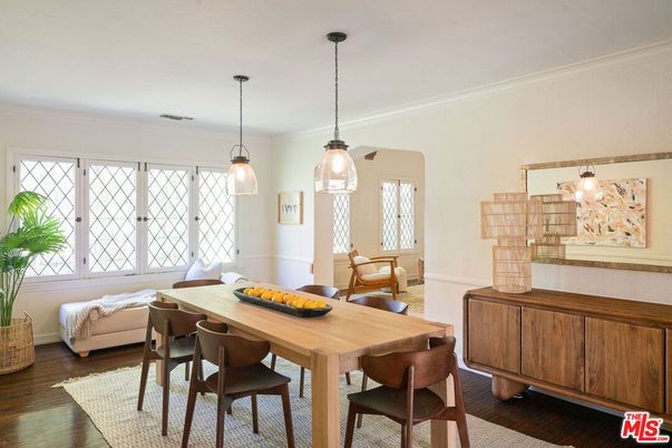 Dining room, Interior, Pendant Lights, Wood Texture Flooring