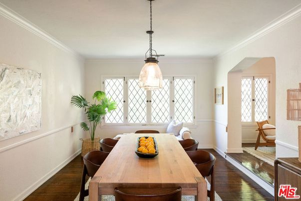 Dining room, Interior, Pendant Lights, Wood Texture Flooring