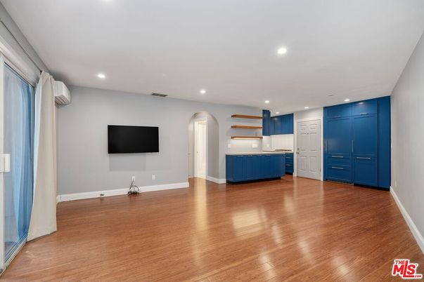 Empty room, Interior, Kitchen, Recessed Lighting, Wood Texture Flooring