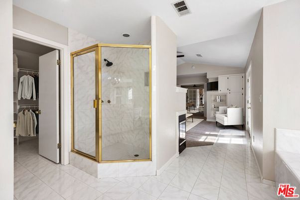Bathroom, Glass Shower, Interior, Marble Walls, Recessed Lighting