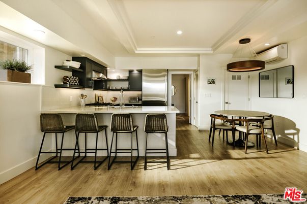 Dining room, Interior, Kitchen, Recessed Lighting, Stainless Steel Appliances, Wood Texture Flooring
