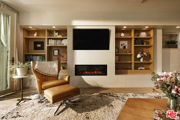 Fireplace, Interior, Living room, Recessed Lighting, Wood Texture Flooring