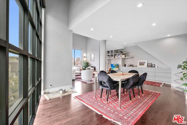 Dining room, Interior, Living room, Recessed Lighting, Wood Texture Flooring
