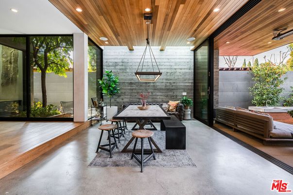 Dining room, Interior, Recessed Lighting, Stone Walls, Wooden Ceilings